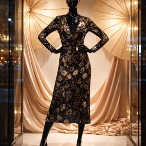 Black Floral Sheath Dress with Plunge Neckline